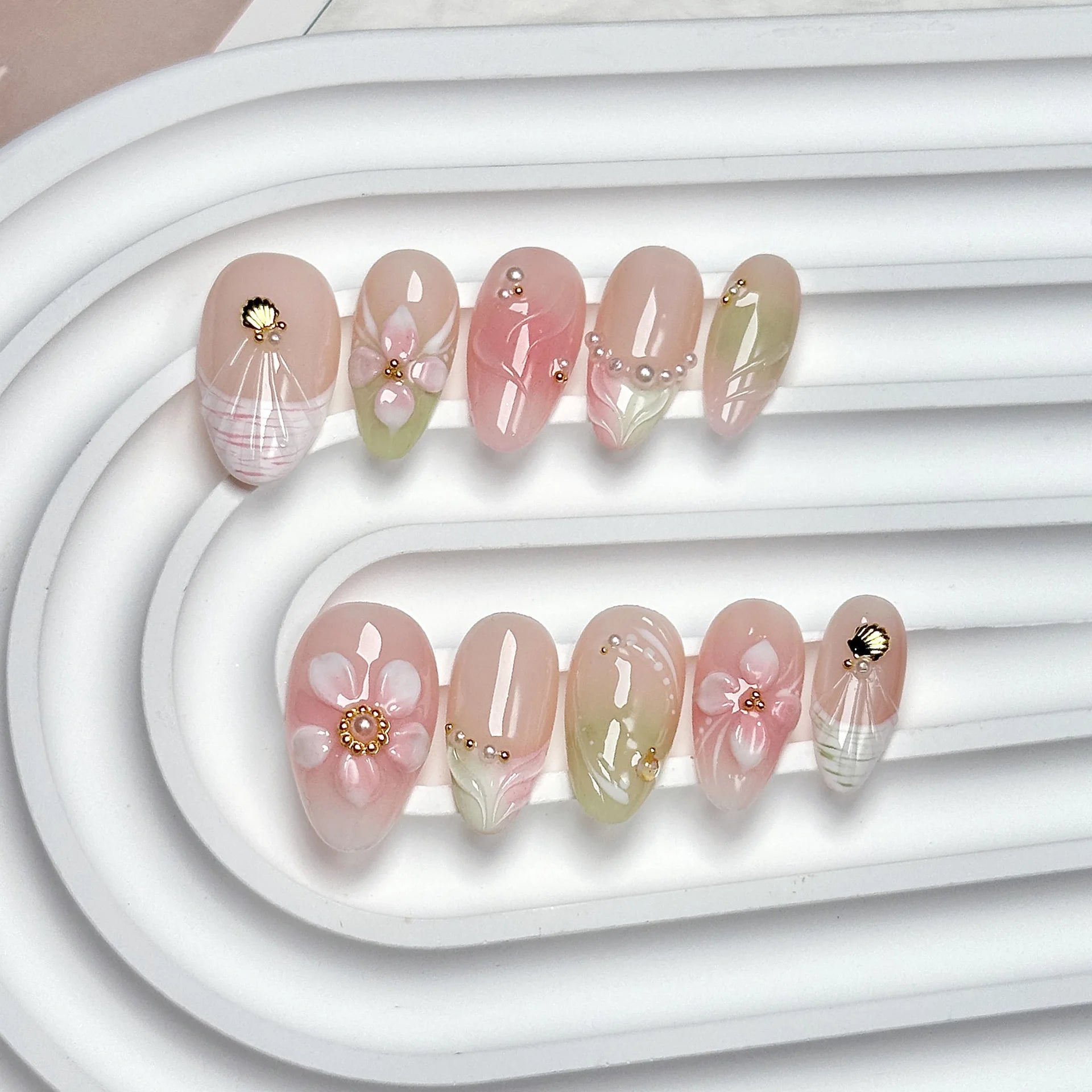 10Pcs Blue Handmade Almond Fake Nails Summer Flowers Water Ripples Fresh Nail Tips Wearable Cute Starfish Stick on Acrylic Nails