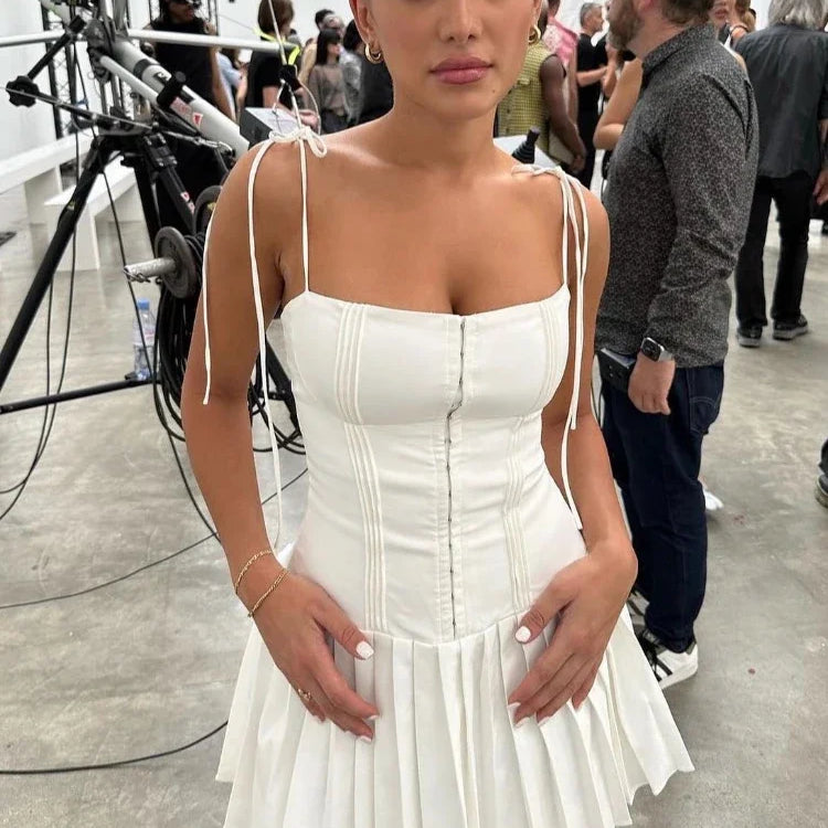 Mingmingxi Summer Dress Women Mini A Line Birthday Party Dresses Casual Holiday Vacation White Pleated Dress for Club Outfits
