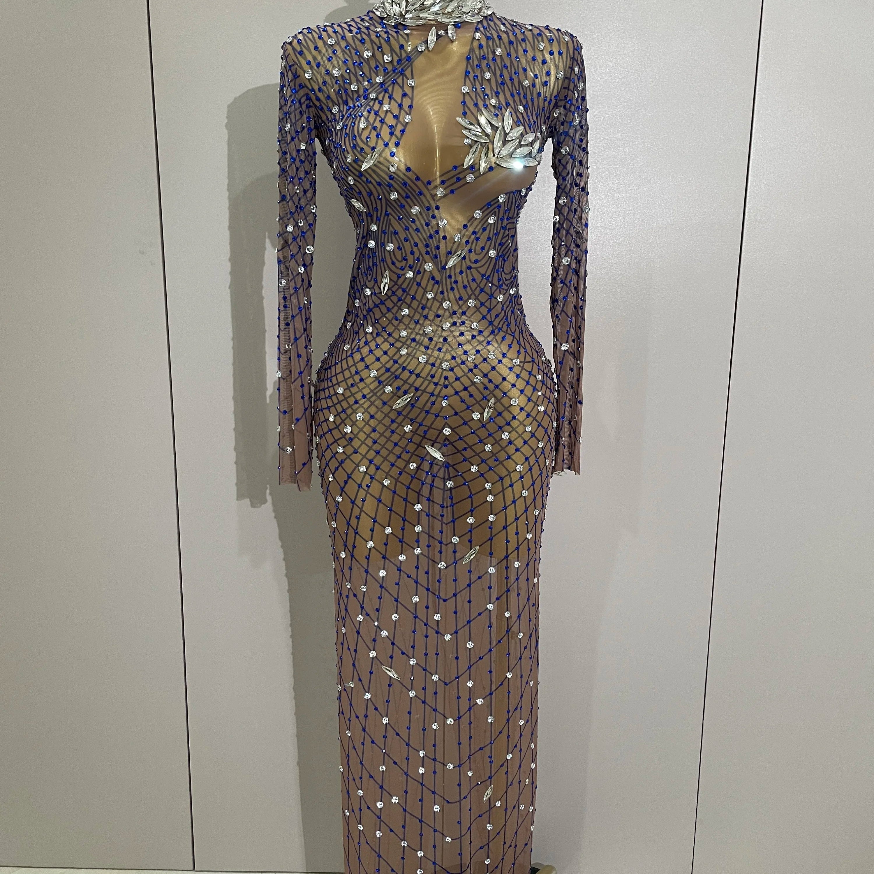 Shining Rhinestones Sexy Mesh See Through Long Dress Women Birthday Celebrate Evening Singer Show Stage Wear Photo Shoot Dress