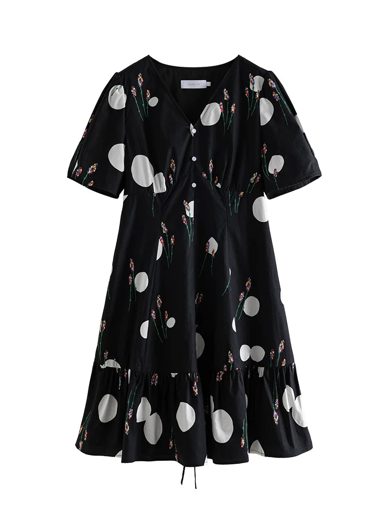 Niche Color Contrast Design Printed V-neck Dress for Women Summer Special X-shaped High Waist Light Dress Female