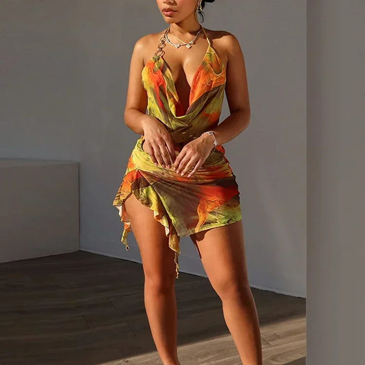 Sexy Printed Tie-dye Hollow Out Mini Dress Fashion Sleeveless Curling Edge Slim Fit Gown New Female Cocktail Party Vestidos 2025