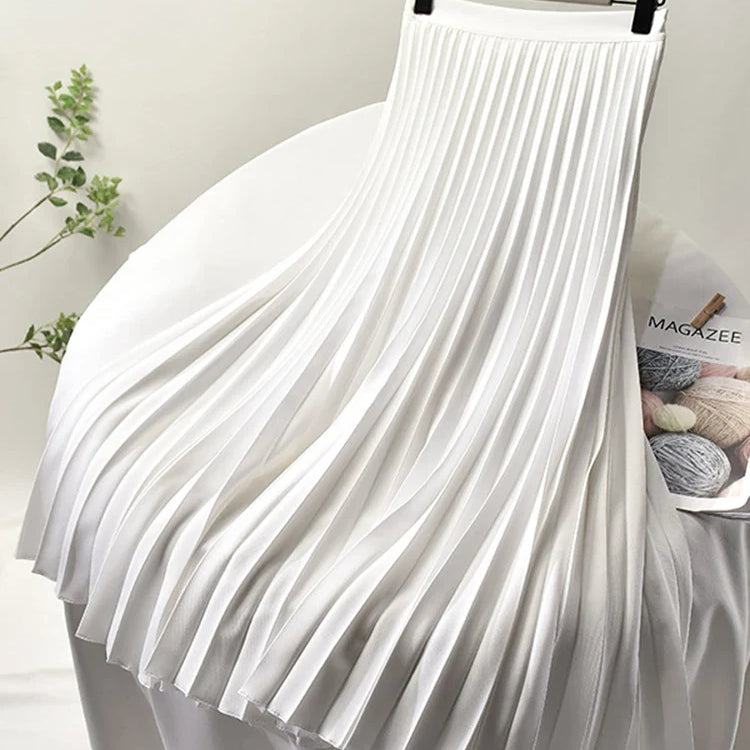 Brand Designer Women Spring Autumn Elegant Chic Solid Pleated Skirt High Waist Luxury Fashion With Elastic Female C-035 WHITE