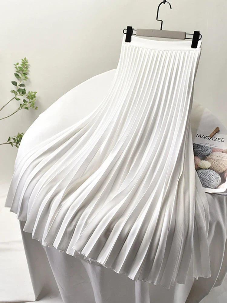Brand Designer Women Spring Autumn Elegant Chic Solid Pleated Skirt High Waist Luxury Fashion With Elastic Female C-035 WHITE