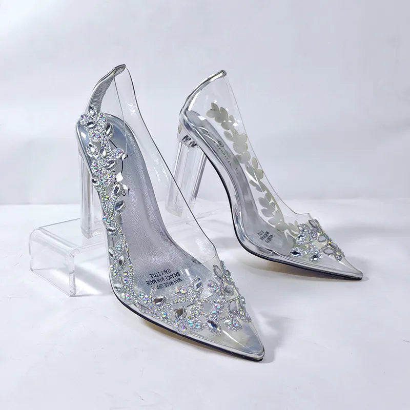 Rhinestone Silver Pointed Toe Clear Shoes Elegant Party Wedding Bridal Ladies High Heels Sandals