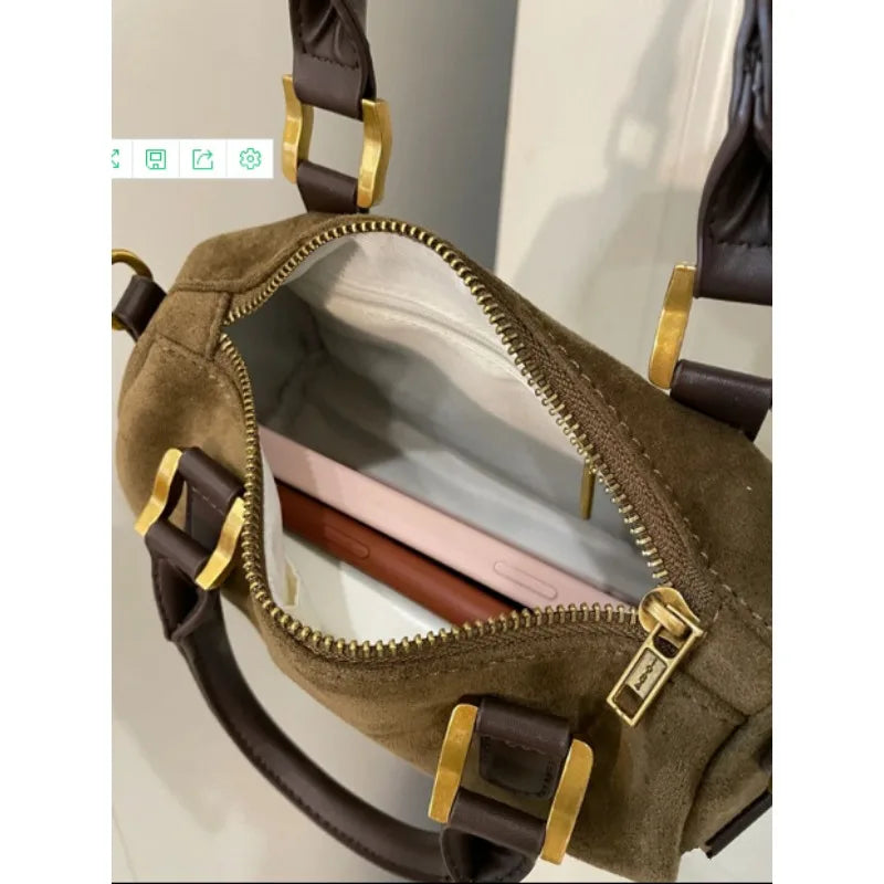 Retro Advanced Crossbody Bags Wintertime Fashion Trend Women's Portable Shoulder Bags Brown Suede Versatile Boston Bags
