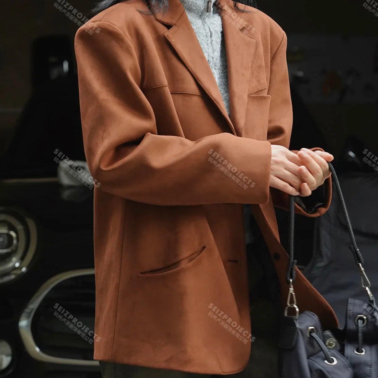 Winter Curved Pocket Oversized Blazer Suede Jacket Brown Green Loose Straight Coat For Women