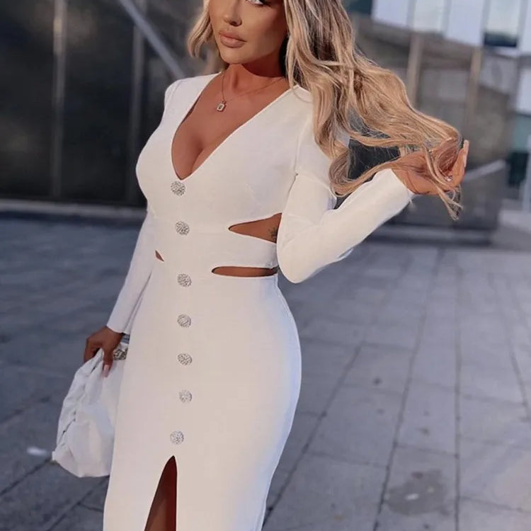 Women Winter Bandage Dress 2022 Sexy V Neck Long Sleeve Cut Out White Diamonds Midi Elegant Evening Party Club Dress Vestidos