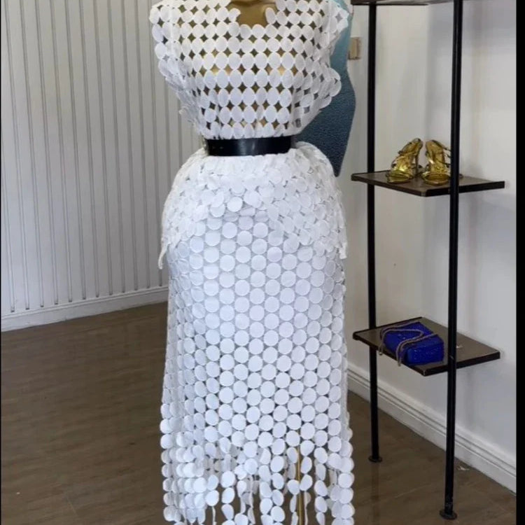 CM.YAYA Women Cutout O-neck Crop Top and Bodycon Midi Slim Maxi Long Skirt Suit 2025 Summer Vacation Sexy Two 2Piece Set Outfits white-white-belt One Size