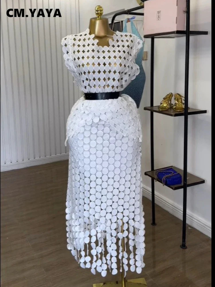 CM.YAYA Women Cutout O-neck Crop Top and Bodycon Midi Slim Maxi Long Skirt Suit 2025 Summer Vacation Sexy Two 2Piece Set Outfits white-white-belt One Size