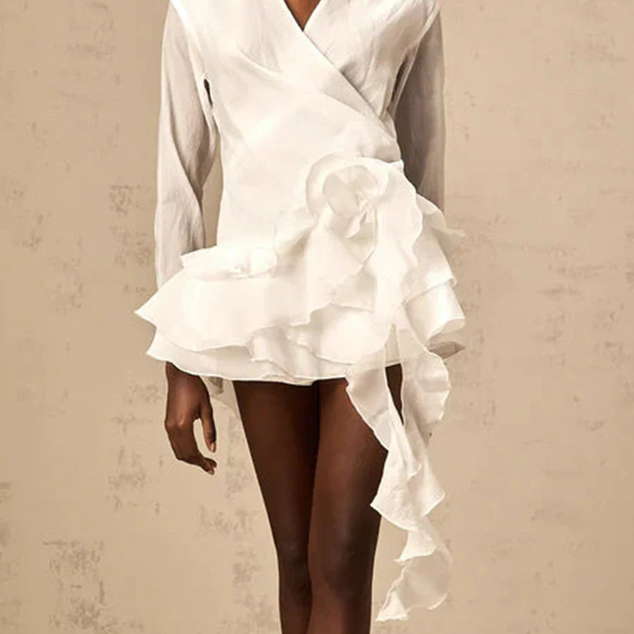 Solid Mini Temperament Mini Dresses for Women V Neck Long Sleeves Patchwork 3D Flower Mini Dress Female Clothing