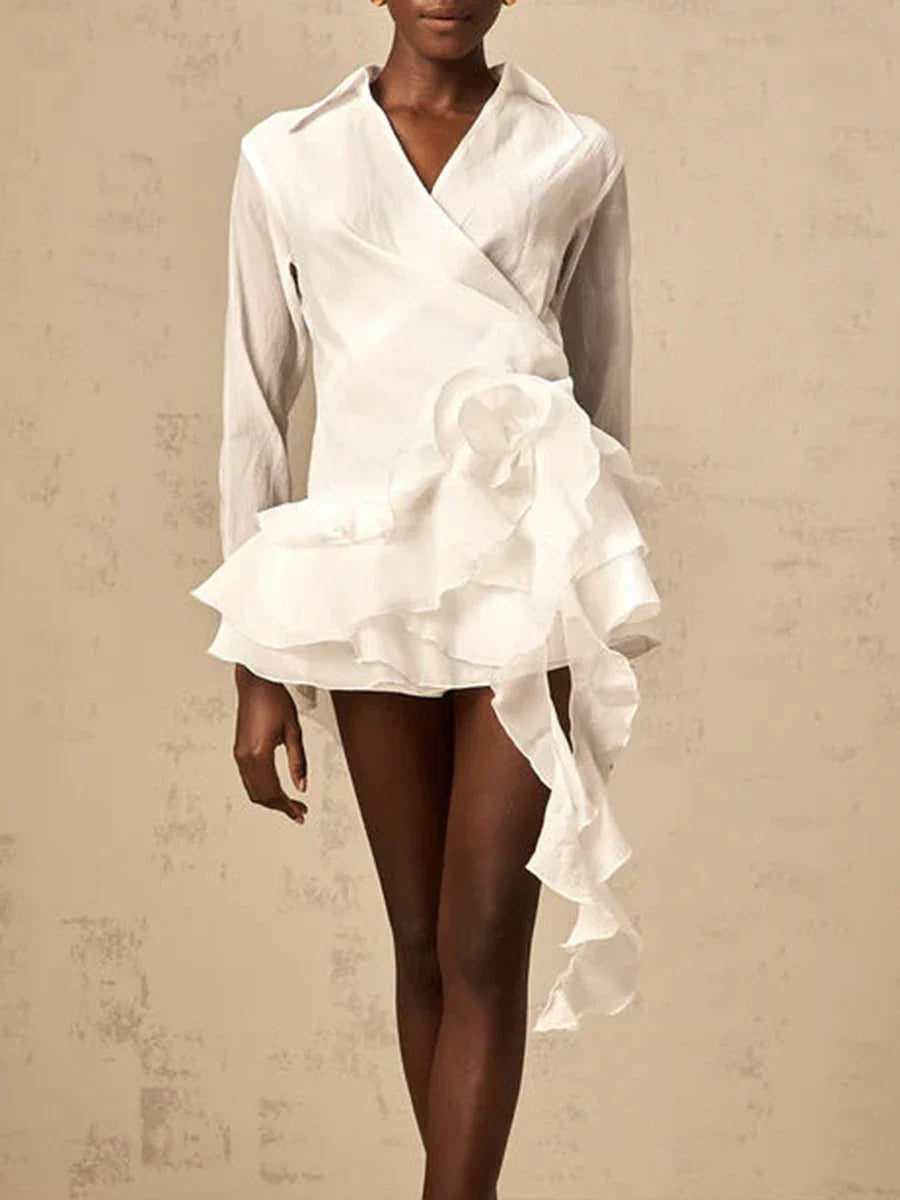 Solid Mini Temperament Mini Dresses for Women V Neck Long Sleeves Patchwork 3D Flower Mini Dress Female Clothing