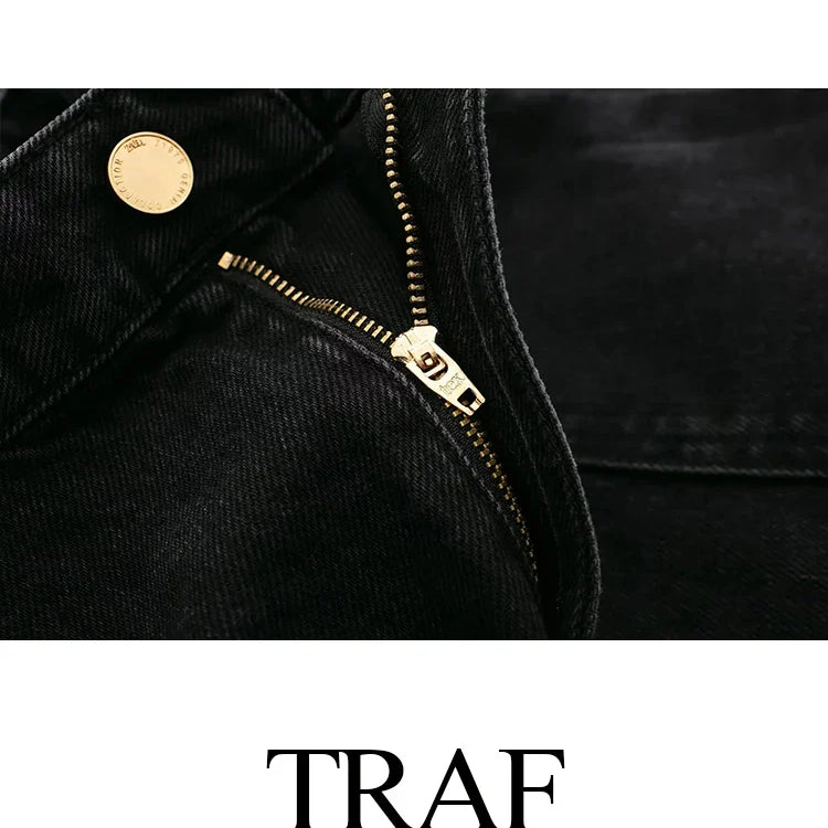 TRAF Fashion Midi Skirt Vintage Streetwear Skirts Women's High Waist Black Denim Skirt Woman Slit Jean Long Skirts For Women