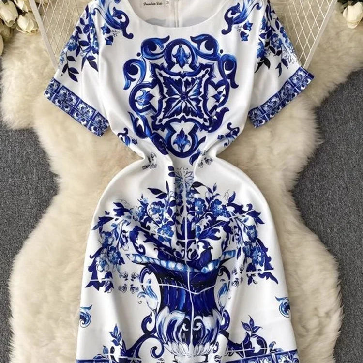 JAMERARY Summer Runway Fashion Red Blue White Porcelain Floral Dress Women's Short Sleeve Flower Printing A Line Mini Vestidos