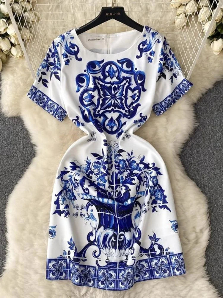 JAMERARY Summer Runway Fashion Red Blue White Porcelain Floral Dress Women's Short Sleeve Flower Printing A Line Mini Vestidos