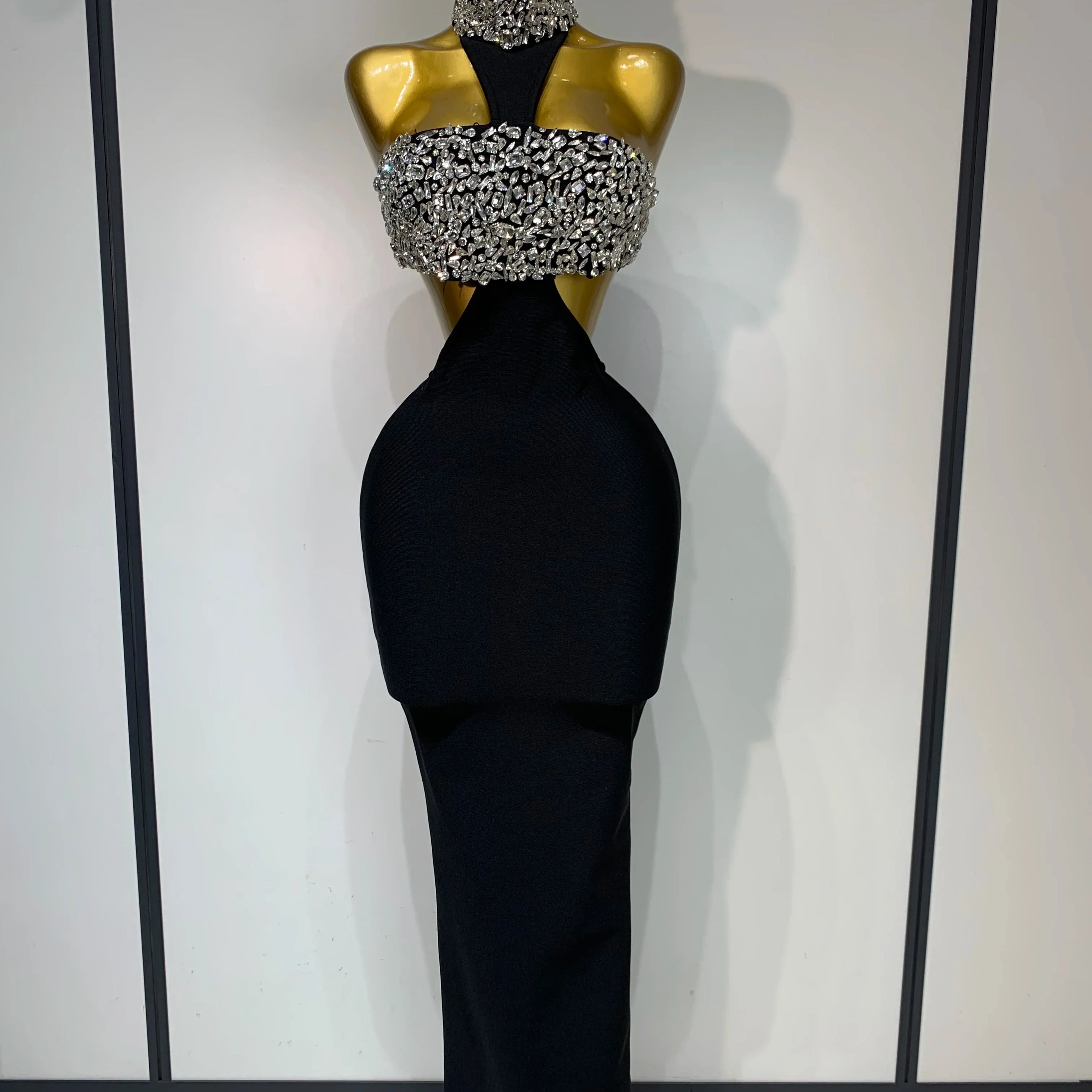 Women Sexy Backless Sparkly Crystal Diamonds Black Bodycon Bandage Dress Celebrity Elegant Evening Club Party Birthday Dresses