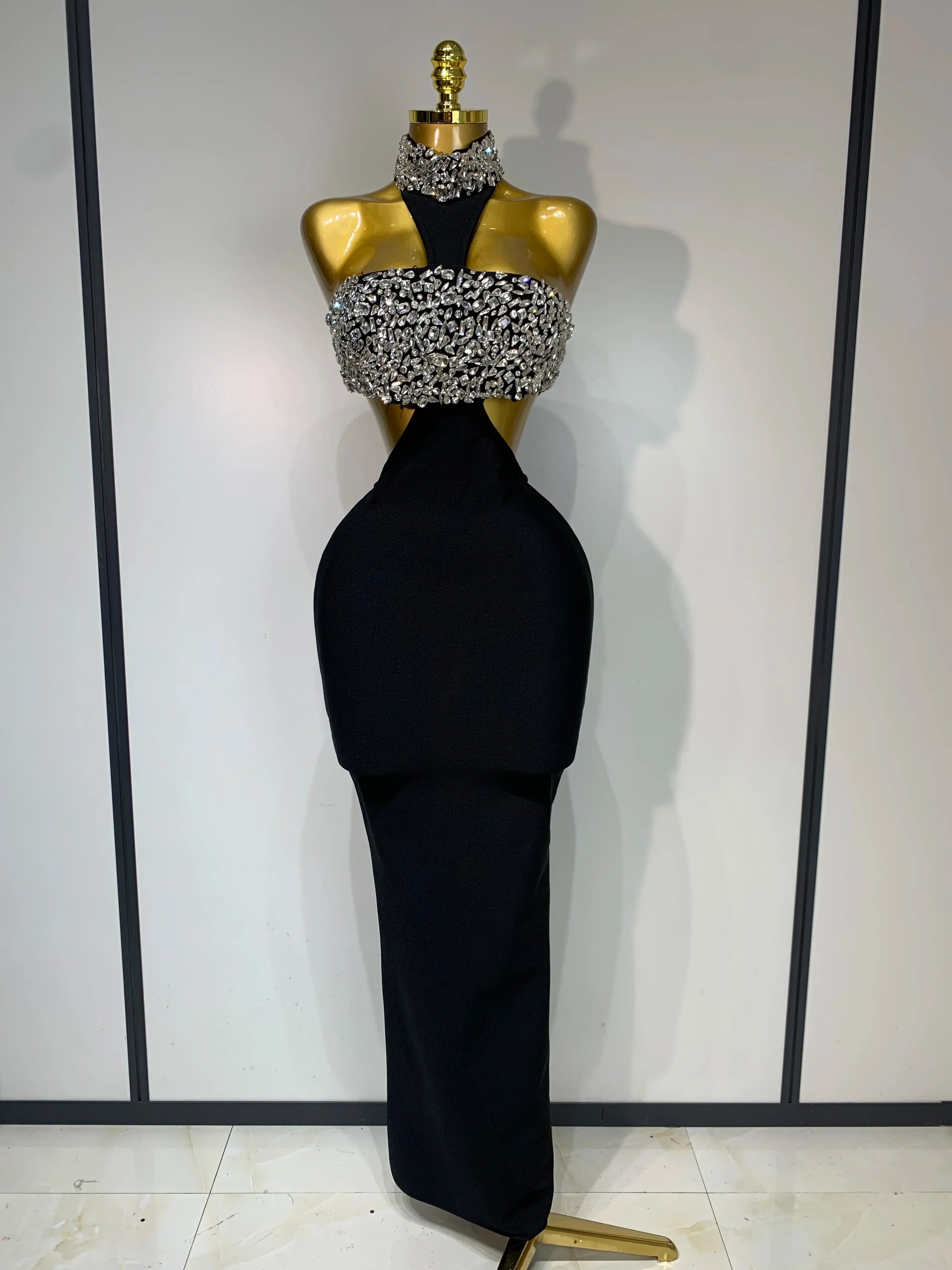 Women Sexy Backless Sparkly Crystal Diamonds Black Bodycon Bandage Dress Celebrity Elegant Evening Club Party Birthday Dresses