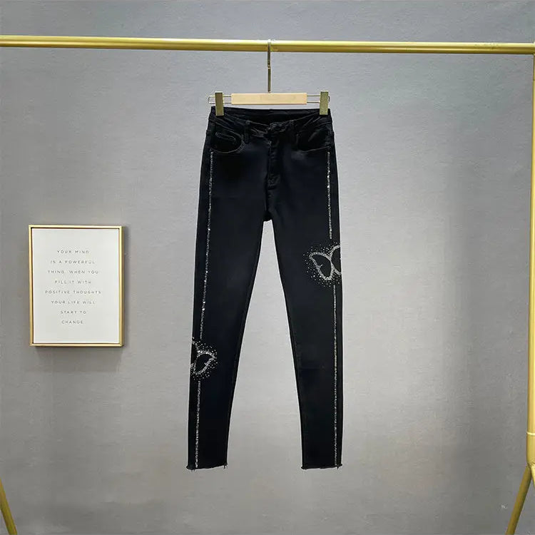 Butterfly Sequins Jeans Women Bling Bling Spring Autumn Woman High Waist Pencil Denim Pants Jeans Women
