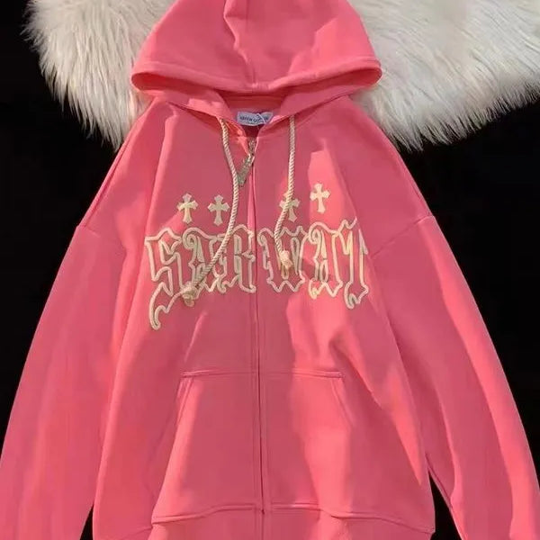 Goth Embroidery Hoodies Women High Street Harajuku Retro Hip Hop Zip Up Hoodie Loose Man Sweatshirt Hoodie Clothes Y2K Hoodie Pink