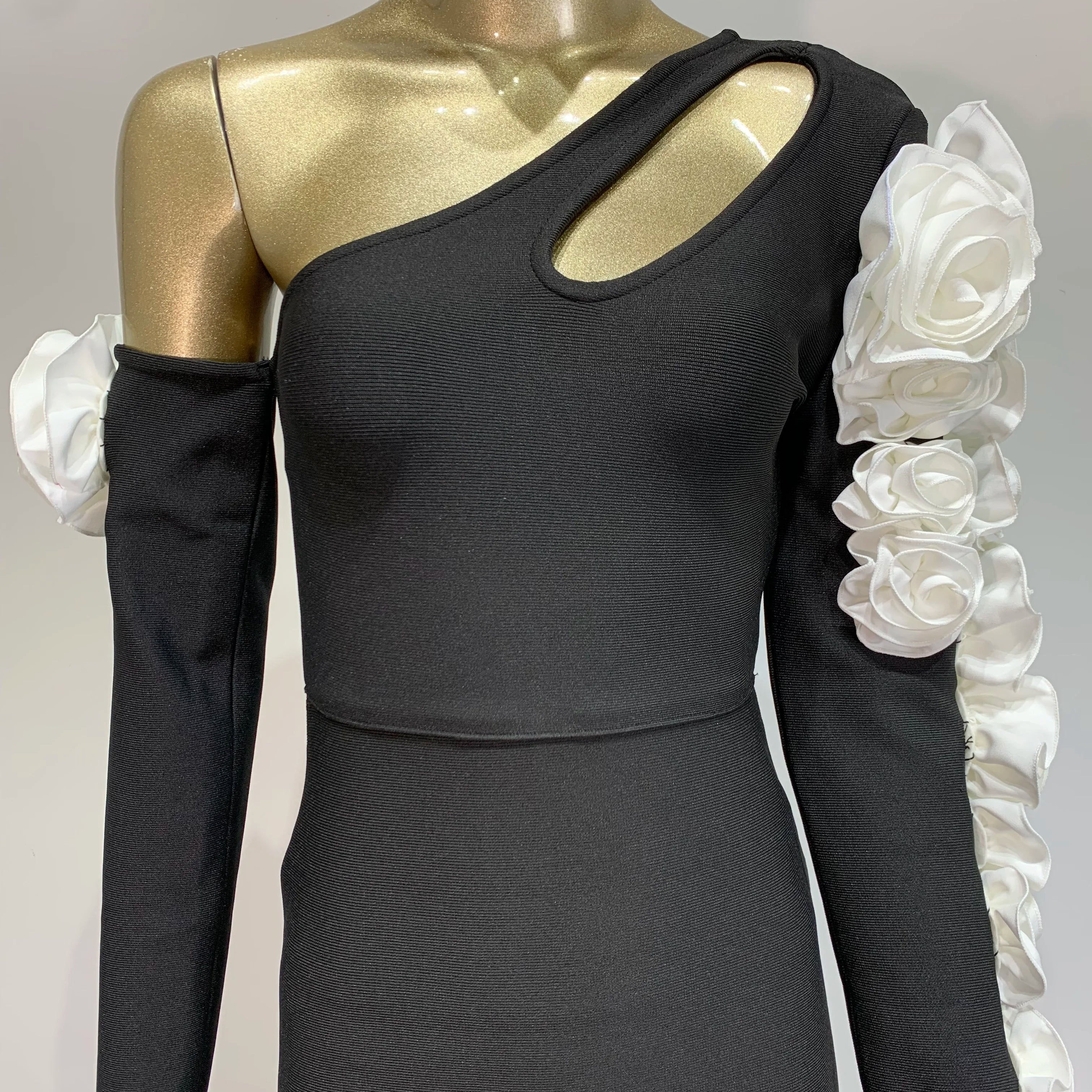 Women Bandage Dress 2024 Celebrity Sexy One Shoulder Flower Black Maxi Long Bodycon Elegant Evening Club Party Dress