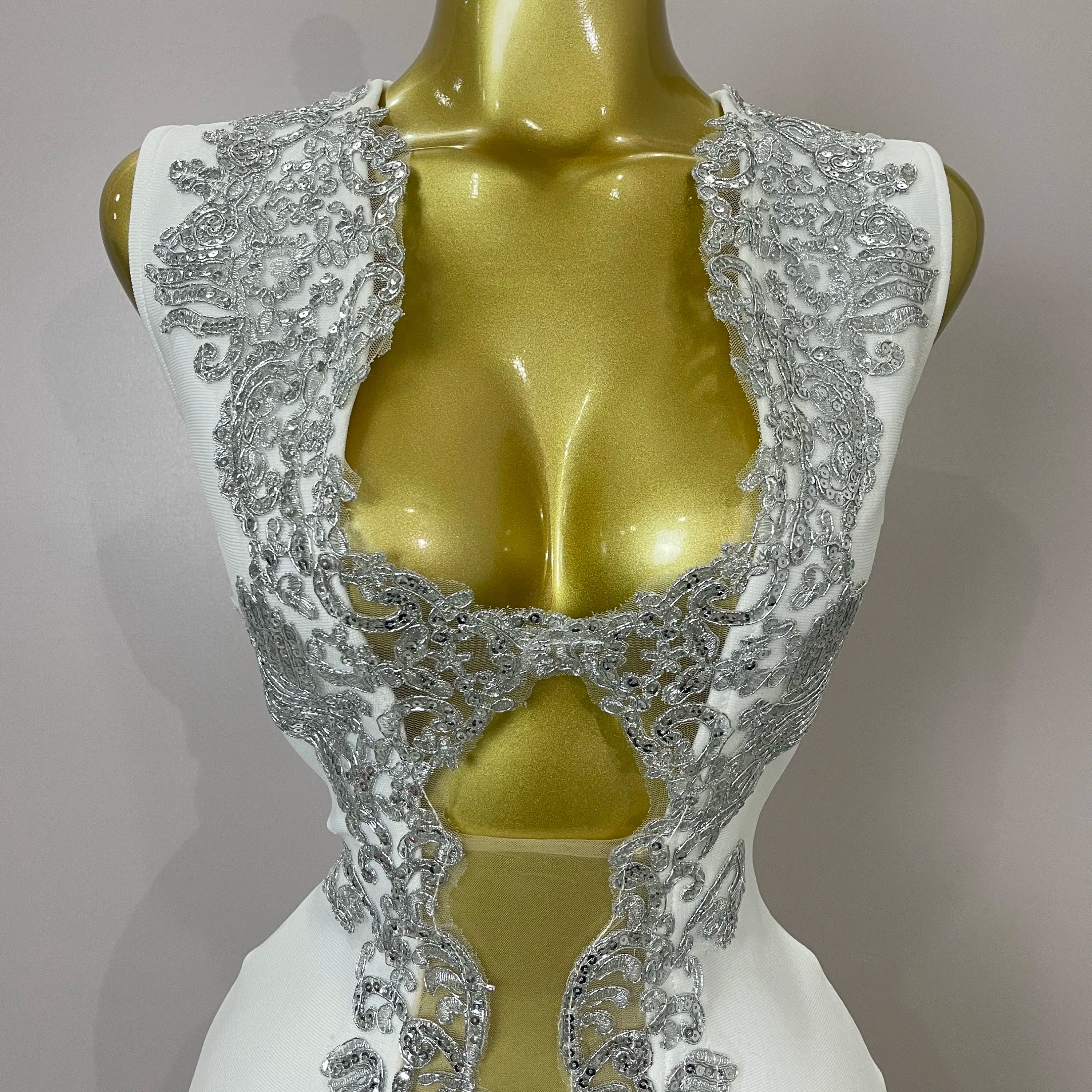 Sexy Silver Sequin White V Neck Cut Out Short Bandage Dress Women 2025 New Elegant Luxury Birthday Party Club Wedding Vestidos