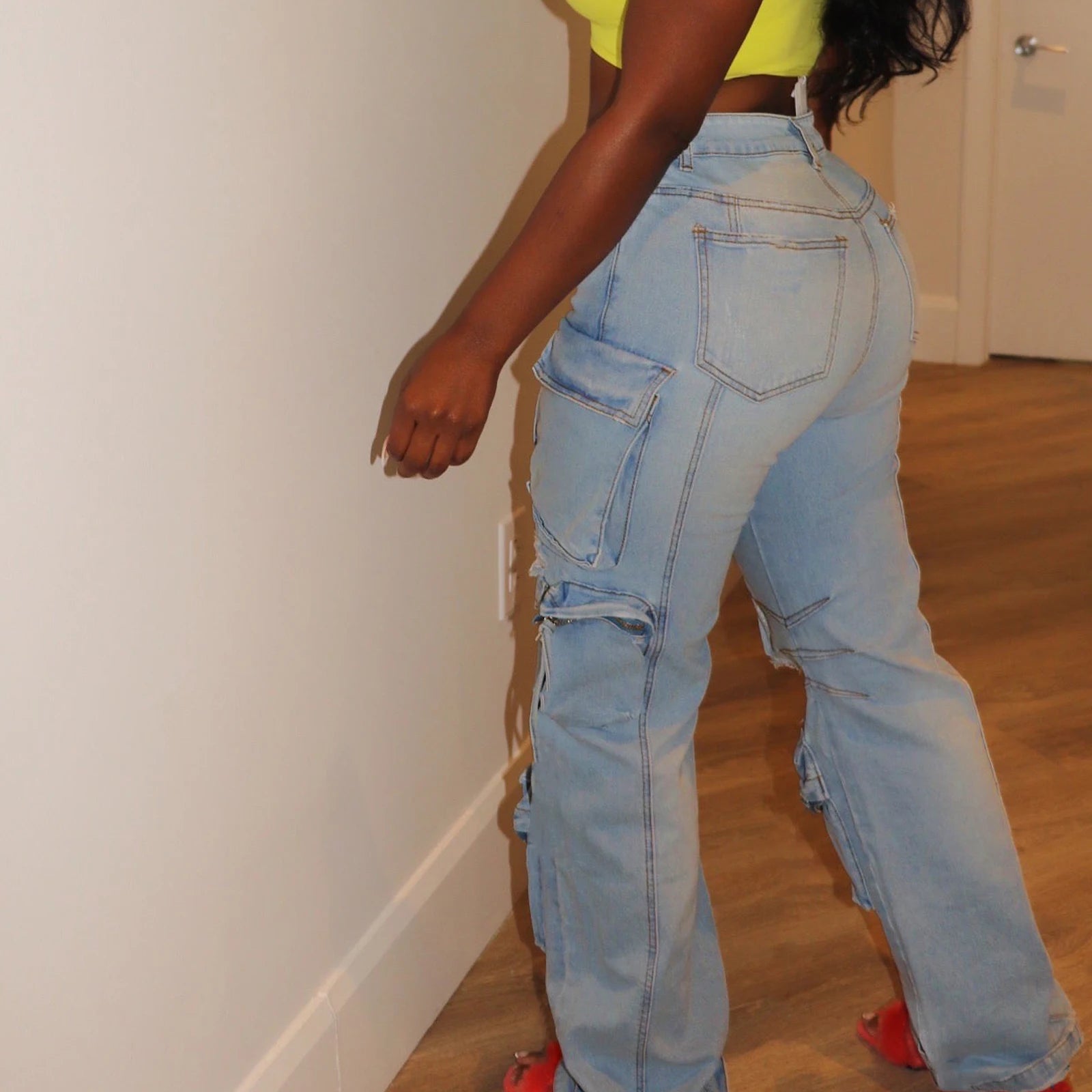 Autumn and winter plus size women's Y2K style cargo multi-pocket loose straight-leg ripped casual mopping jeans