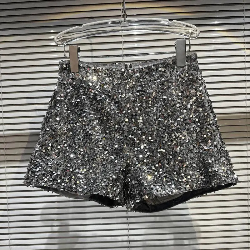 New Clubwear Shorts Ladies Sexy Sequins Shorts Loose High Waist Streetwear Wide Leg Short Pants Sliver Black Women Clothing GRAY