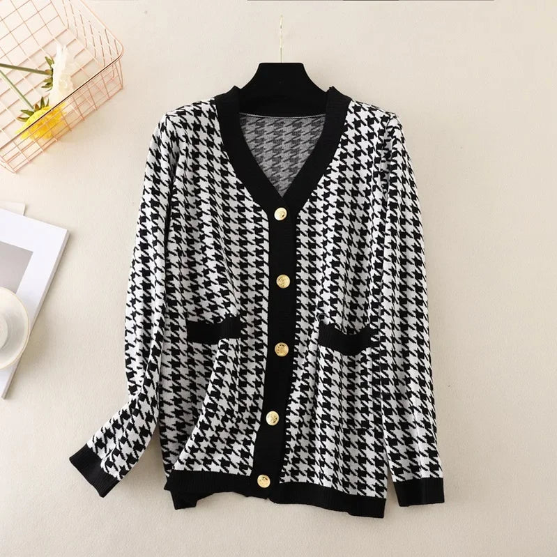 Houndstooth Cardigans Long Sleeve Sweater Women Autumn Winter Clothes Open Stitch Female Outwear Streetwear Knitted Cardigan black One Size