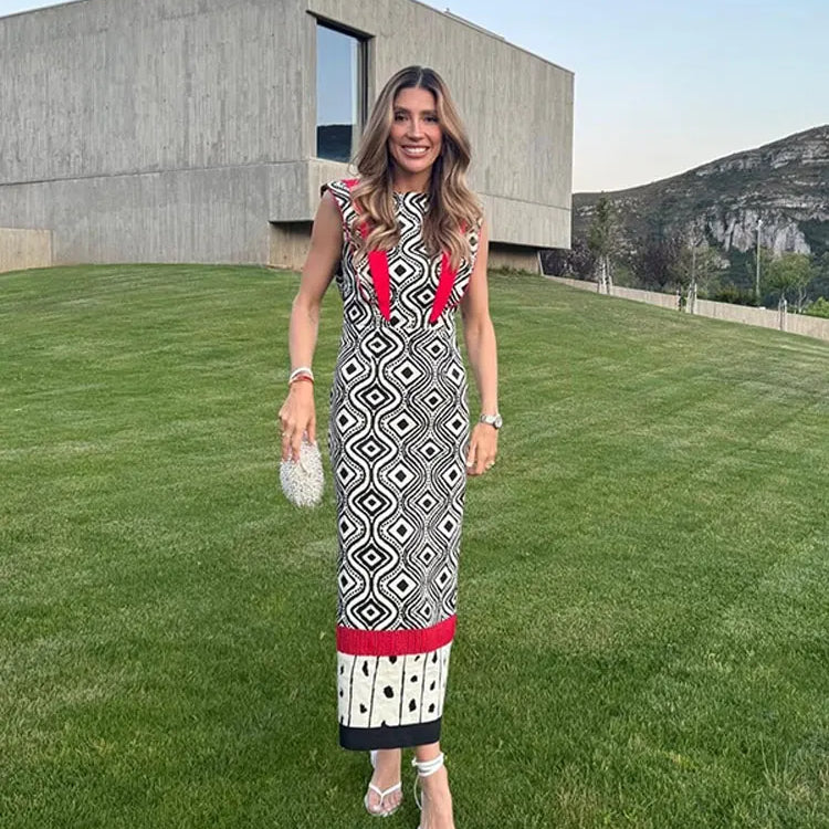 Women Elegant Printed Round Neck Long Dress Fashion Flying Sleeves High Waist Color Block Dresses Summer Vacation Street Robes