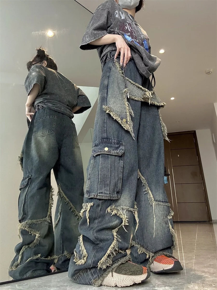 Y2K Cargo Jeans Pants Women Street Loose Oversize Panelled Pentacle Raw Hem Pant 2024 Vintage Blue Hip Hop Female Denim Trousers