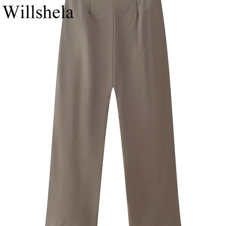 Women Fashion Two Piece Set Brown Pleated Halter Neck Tops & Straight Pants Vintage Female Chic Lady Pants Suit