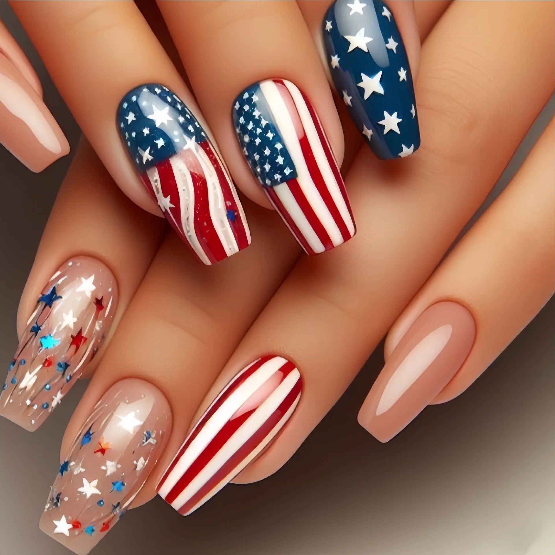 24pcs/set Short Medium square ballet fake nails tip for American Independence Day blue red flowers star flag press on false nail
