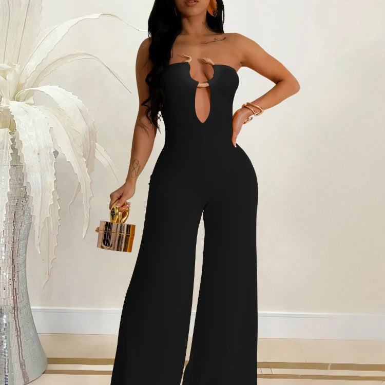 CM.YAYA Women Wide Leg Deep V-Neck Sleeveless Jumpsuits 2024 Summer Hollow Out Night Street Club Playsuit One Piece Suit Romper