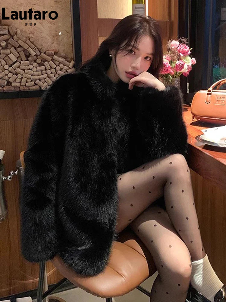 Autumn Winter Black Soft Thick Warm Hairy Shaggy Faux Fox Fur Coat Women Stand Collar Long Sleeve Fluffy Jacket 2023