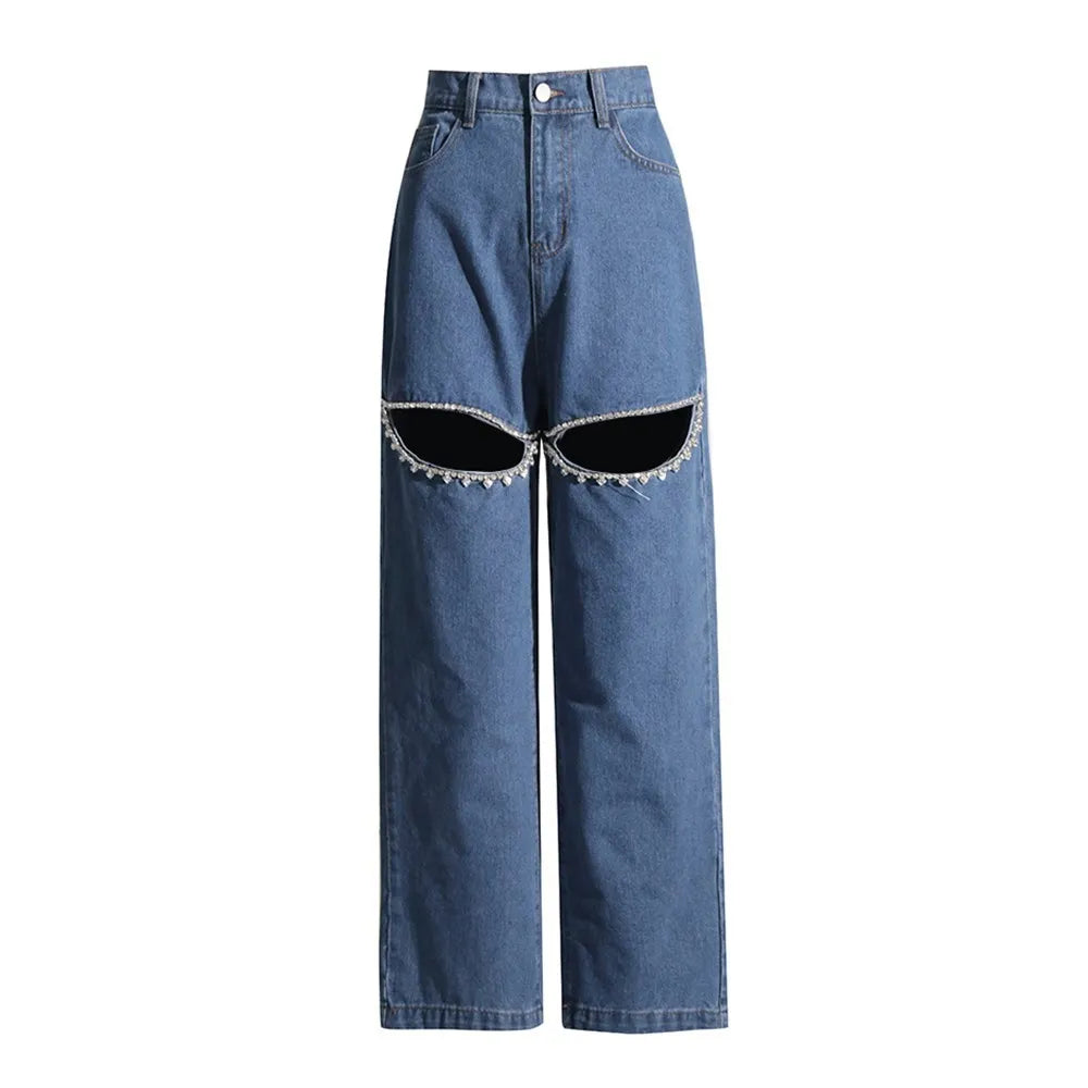 BPN Casual Spliced Diamond Jeans For Women High Waist Hollow Out Solid Loose Wide Leg Denim Pants Female spring Clothing Style darkblue