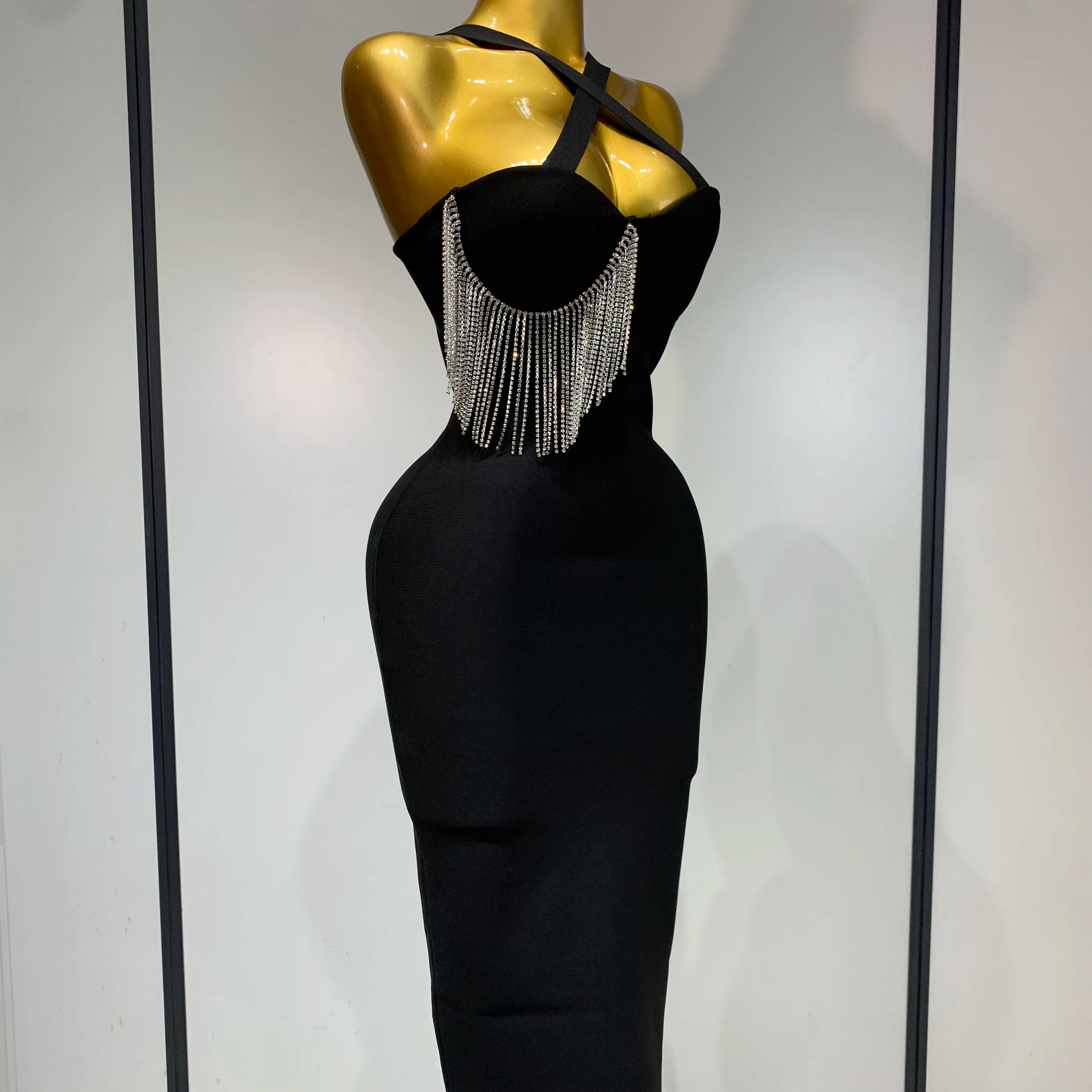 Women Sexy Diamonds Tassel Crystal Midi Black Bodycon Bandage Dress 2025 Elegant Evening Party Luxury Birthday Dresses Vestido