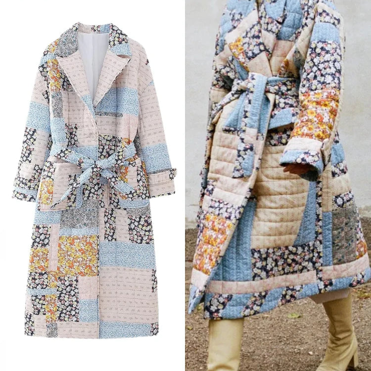 ZBZA 여성용 가을 겨울 뉴 벨트 긴 퀼트 프린트 재킷 코트 옷깃 긴 소매 싱글 가슴 긴 패딩 된 따뜻한 외부웨어