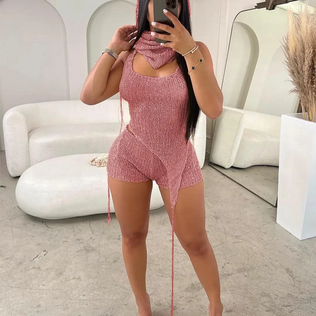 CM.YAYA Knit Ribbed Women's Set Halter Neck Backless Crop Top with Hat Shorts Suit 2023 Summer Two 2 Piece Set Outfit Tracksuit