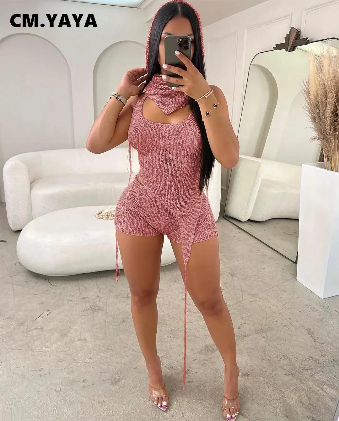 CM.YAYA Knit Ribbed Women's Set Halter Neck Backless Crop Top with Hat Shorts Suit 2023 Summer Two 2 Piece Set Outfit Tracksuit