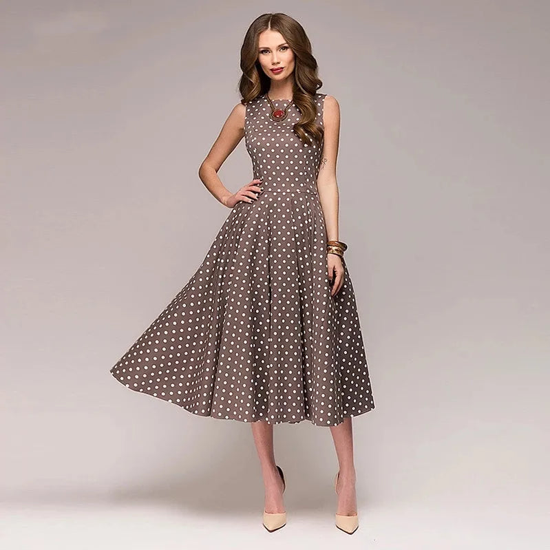 Vintage Dress Sleeveless O-neck Vestidos Women Elegant Thin Dot Printing Mid-Calf Casual Dress Female Summer