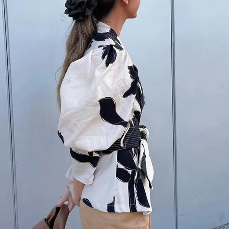 Fashion Flower Print Belt Women Shirts Spring Summer Elegant Slim Lapel Puff Sleeve Blouses Vintage Lady Office Streetwear