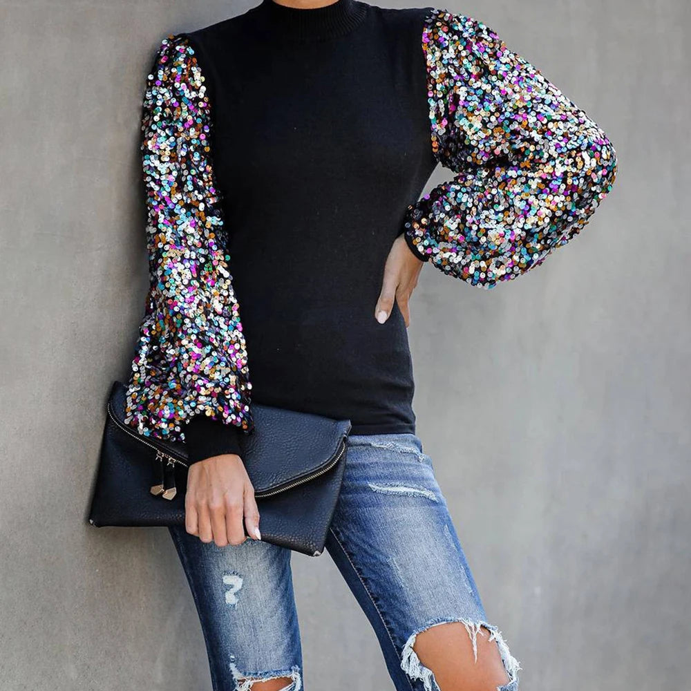 Women's Casual Sequins T Shirt Blouse Ladies Long Sleeve Loose Tee Tops Pullover