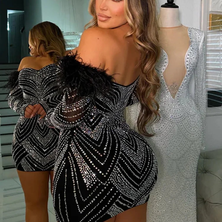 Luxury Woman Evening Dress Chic Feather Shoulder Black Rhinestone Studded Birthday Cocktail Dress Celebrities Outfits