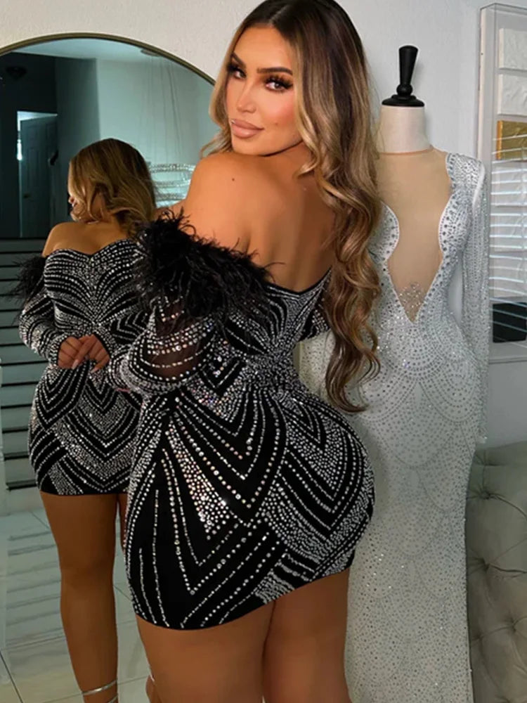 Luxury Woman Evening Dress Chic Feather Shoulder Black Rhinestone Studded Birthday Cocktail Dress Celebrities Outfits