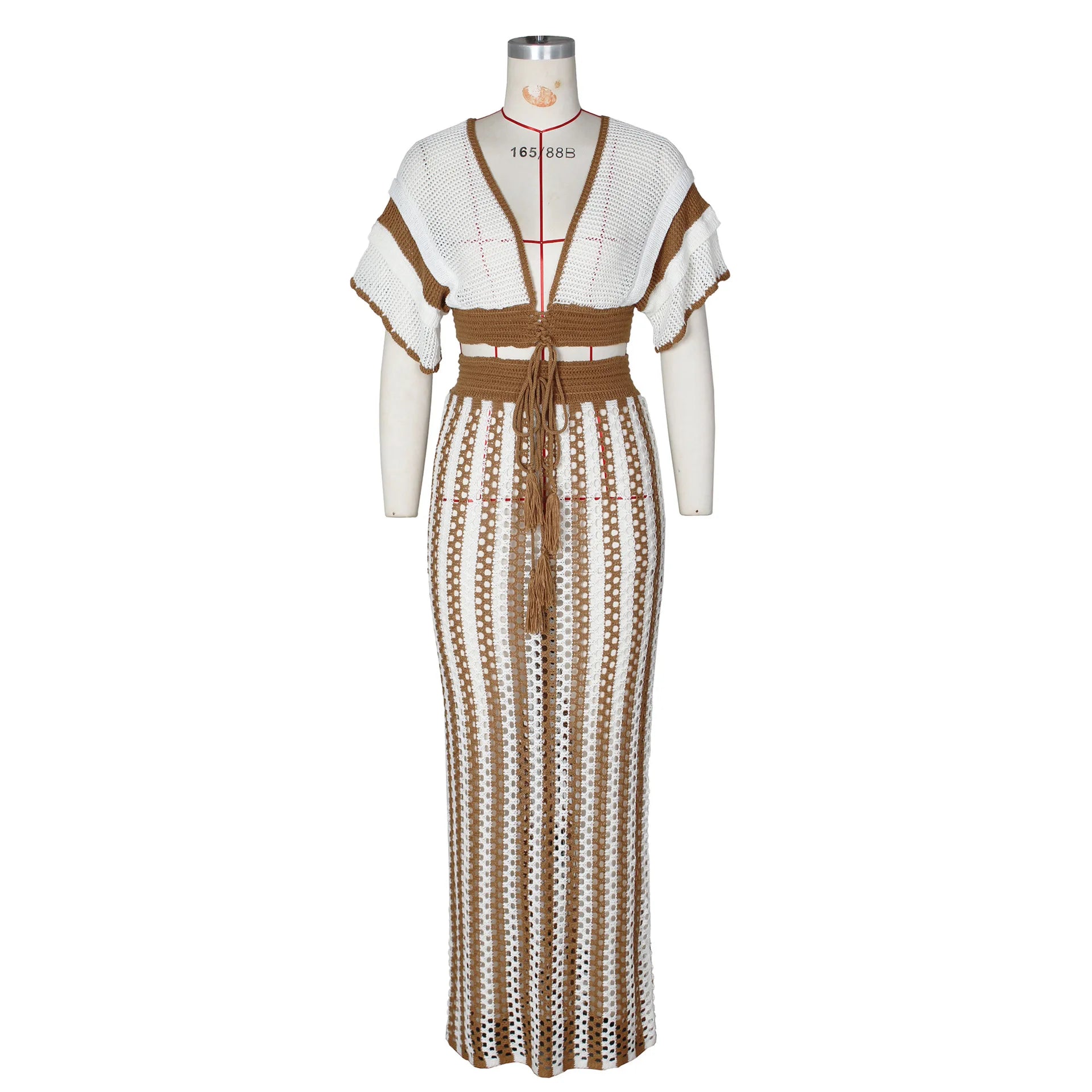 CM.YAYA Women's Set Short Sleeve V-neck Top + Long Skirts Suit Summer Knitted Hollow Out Streetwear Beach Sexy Two 2 Piece Sets