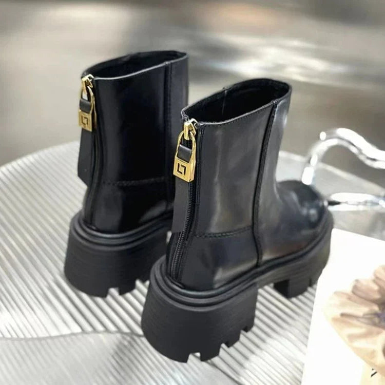 Brand Design Ankle Boots For Women Slip On Black Leather Platform Boots Women Chunky Heel Women Chelsea Boots Winter Shoes