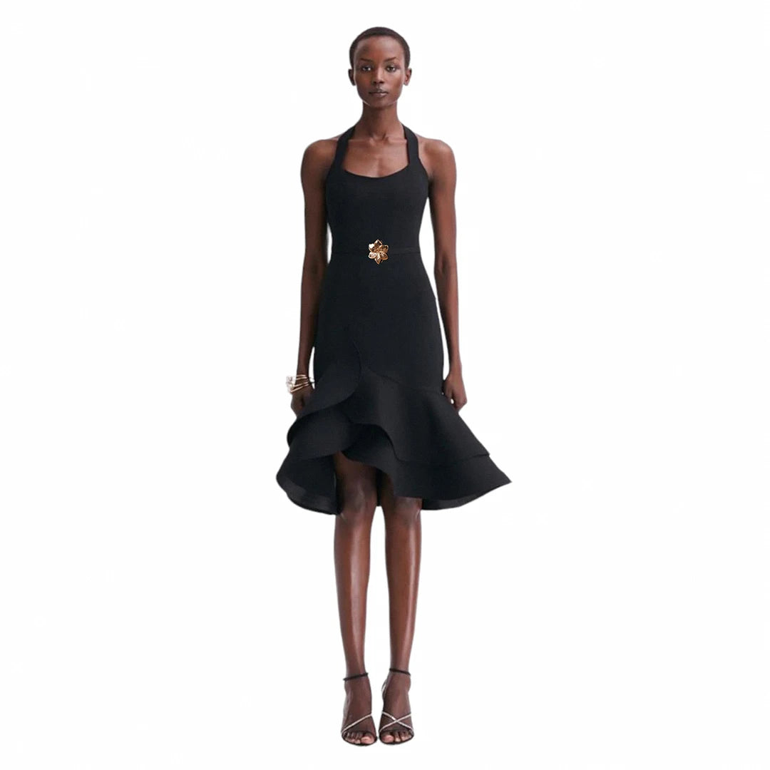 Elegant Black Halter Neck Midi Dress with Ruffle Asymmetric Hem Chic Women Sexy Evening Party Birthday Celebrate Dress Vestido