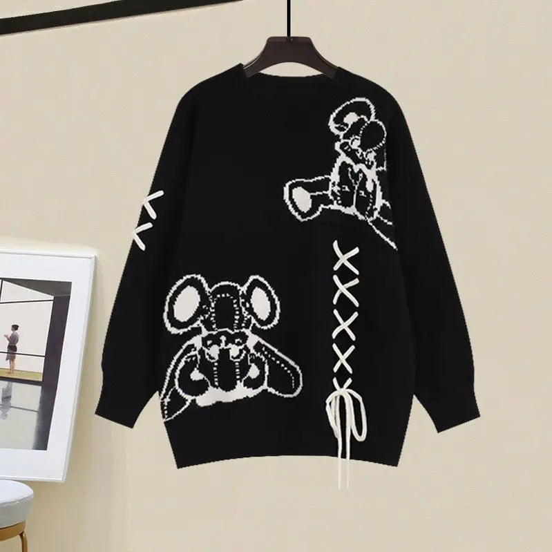 Autumn/Winter New in Matching Set Women's Loose O-Neck Knit Sweater Wide Leg Pants Two Piece Korean Elegant Tracksuit Suit Black Sweater