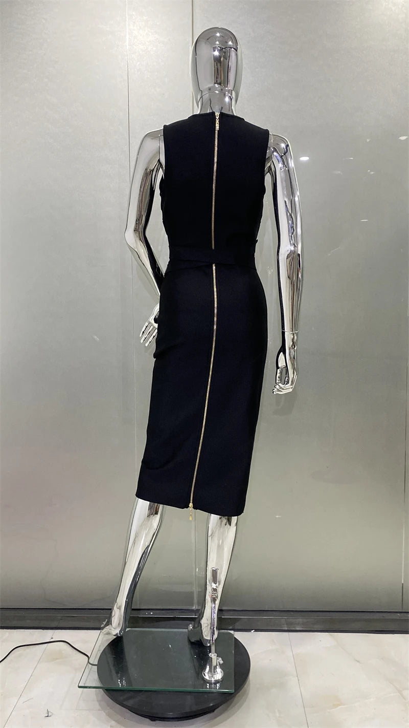 Women Sleeveless Sexy V-Neck Bodycon Midi Bandage Dress Fashion Celebrate Nightclub Party Birthday Dress