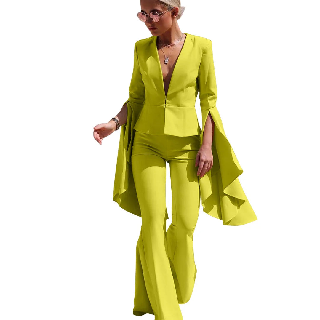 VANHAO Streetwear Chic Sleeve Blazer and Long Flare Pants Solid Color Two Piece Set Women Outfit 2023 Wholesale Dropshipping Yellow