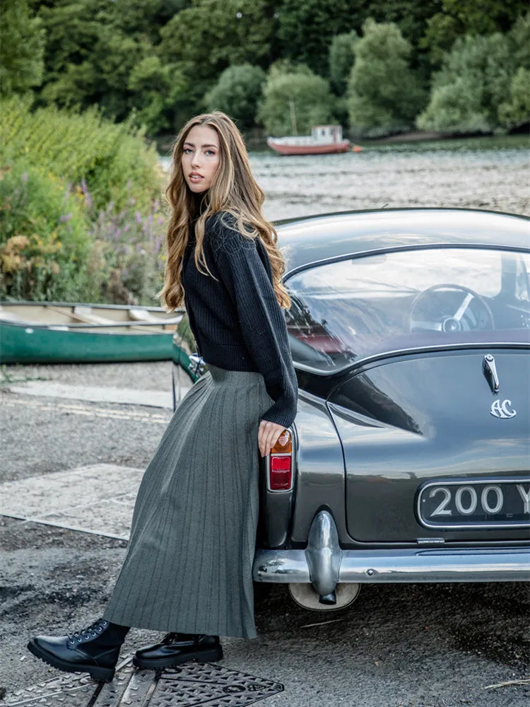 Women Maxi Skirts Female Knitted Long Dress Solid Color Knitting Skirt XS-3XL Plus Size Woman Autumn Winter Skirts maxi grey